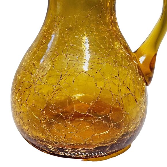 Vtg Handblown Cruet Mini Pitcher 4 In Amber Crackle Art Glass & Wooden Base Set - Picture 5 of 14